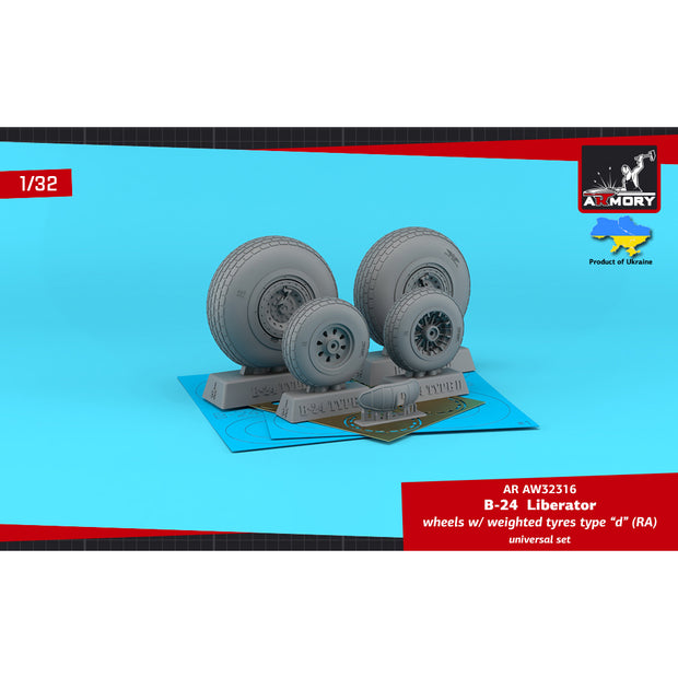 1/32 B-24 Liberator wheels w/ weighted tyres type "d" (RA), 2 types nose wheels, vacuformed mudguard & PE hubcaps Scale 1:32 Armory Models AR AW32316
