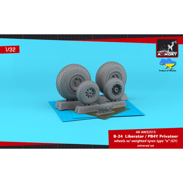 1/32 B-24 Liberator / PB4Y Privateer wheels w/ weighted tyres type "a" (GY), 2 types nose wheels, vacuformed mudguard & PE hubcaps Scale 1:32 Armory Models AR AW32313