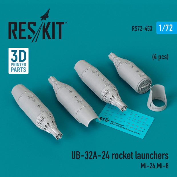 UB-32A-24 Rocket Launchers (4 pcs) (Mil Mi-24, Mi-8) (3D Printed) Scale 1:72 ResKit RS72-0453