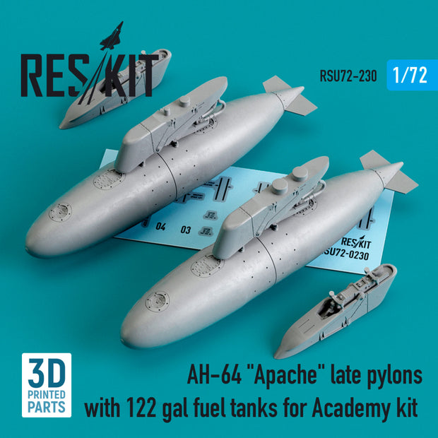 AH-64 Apache late Pylons with 122 gal Fuel Tanks for Academy kit (3D Printing) Scale 1:72 ResKit RSU72-0230 for Helicopters Model Kit