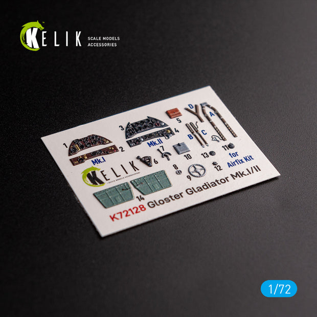 Gloster Gladiator Mk.I/II. Interior 3D Decals (for Airfix Aircraft model kit) Scale 1:72 KeliK K72128