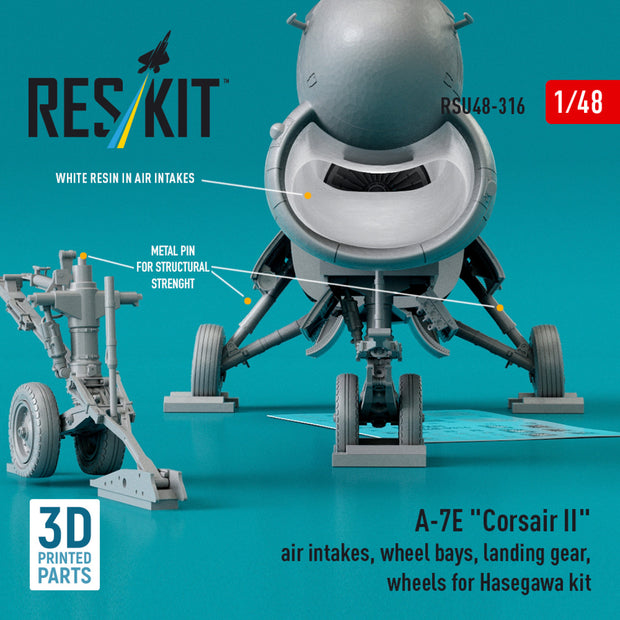 LTV A-7E Corsair II Air Intakes, Wheel Bays, Landing Gears, Wheels for Hasegawa kit (3D Printed) Scale 1:48 ResKit RSU48-0316