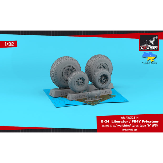 1/32 B-24 Liberator / PB4Y Privateer wheels w/ weighted tyres type "b" (FS), 2 types nose wheels, vacuformed mudguard & PE hubcaps Scale 1:32 Armory Models AR AW32314