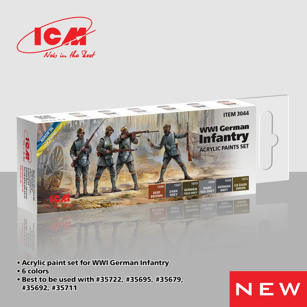 ICM 3044 Acrylic Paint Set For Model Kit WWI German infantry Grey, Brown, Green