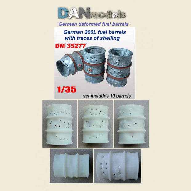 Crumpled German 200l. barrels. Barrels with traces of shelling. Set of 10 pcs. Resin.3 D Scale 1:35 DAN Models DM 35277
