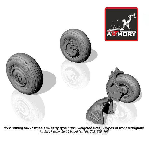 1/72 Sukhoj Su-27 Flanker wheels w/ early type hubs, weighted tires, 2 types of front mudguard Scale 1:72 Armory Models AR AW72032b