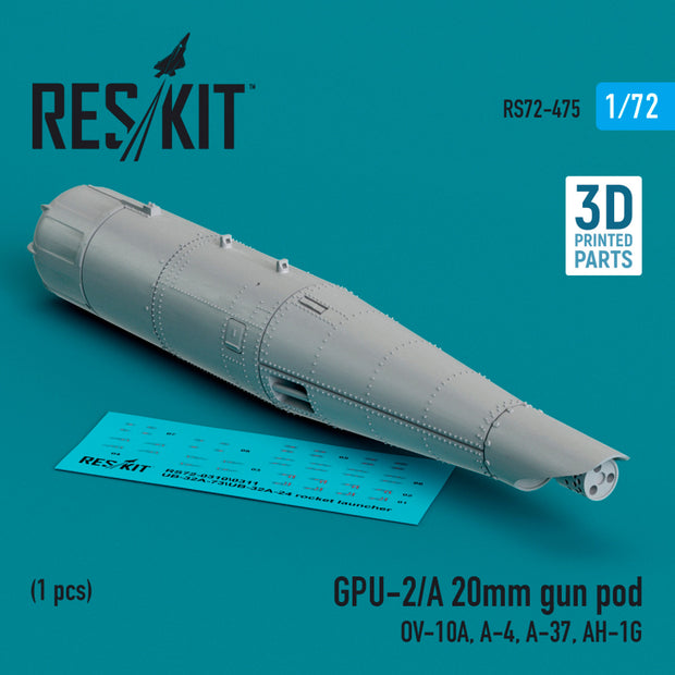 GPU-2/A 20mm gun pod (1 pcs) (OV-10A, A-4, A-37, AH-1G) (3D Printed) Scale 1:72 ResKit RS72-0475