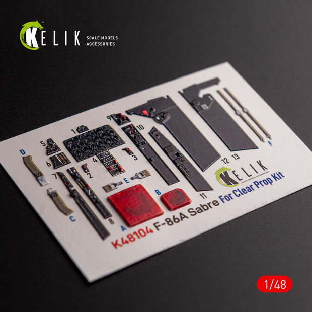 F-86A Sabre. Interior 3D Decals (for Clear Prop Aircraft model kit) Scale 1:48 KeliK K48104