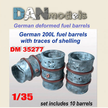 Crumpled German 200l. barrels. Barrels with traces of shelling. Set of 10 pcs. Resin.3 D Scale 1:35 DAN Models DM 35277