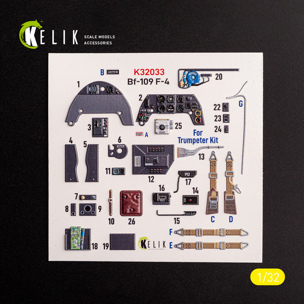 Messerschmitt BF-109 F-4. Interior 3D Decals (for Trumpeter Aircraft model kit) Scale 1:32 KeliK K32033