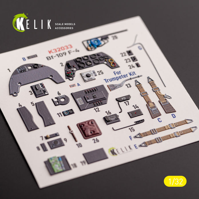 Messerschmitt BF-109 F-4. Interior 3D Decals (for Trumpeter Aircraft model kit) Scale 1:32 KeliK K32033