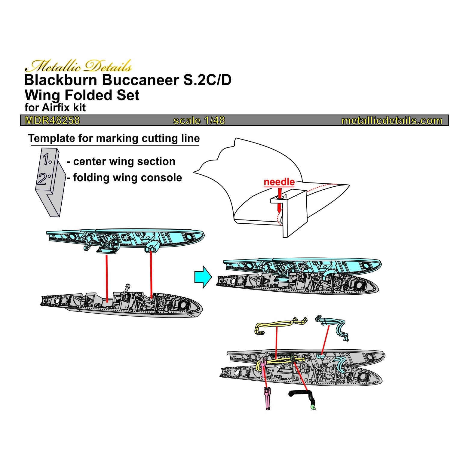 Blackburn Buccaneer S/2C/D/ Wing folded set, detailing of wing folding mechanism of the aircraft model (for Airfix) Scale 1:48 Metallic Details MDR48258