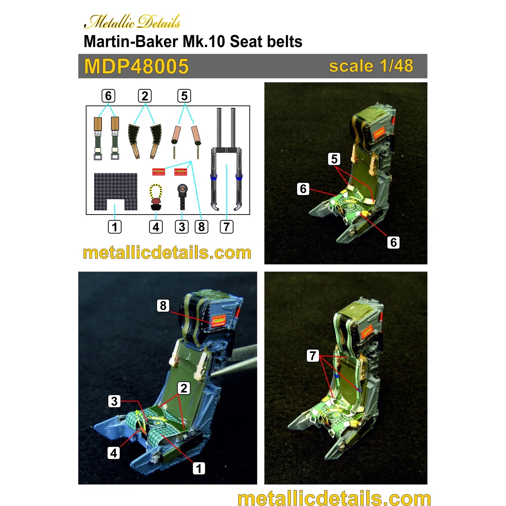 Ejection Seat F16F Rafale, Seats + 3D Decals Detailing set (3D-Printed) Scale 1:48 Metallic Details MDR48261 - For Aircraft Models Kits