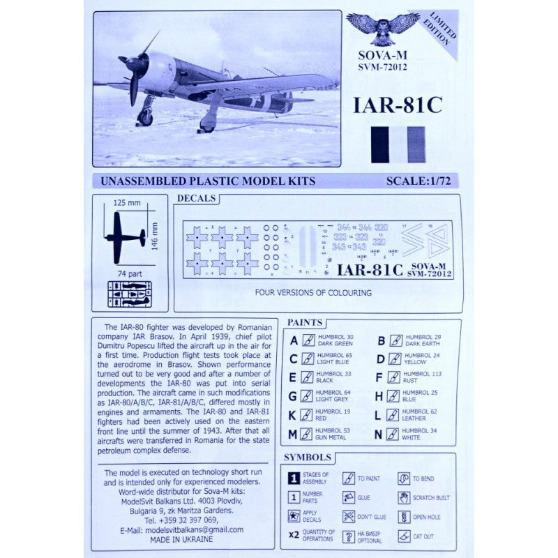 Romanian Fighter Aircraft IAR-81C, Aircraft Model Kit Scale 1:72 SOVA-M SVM 72012