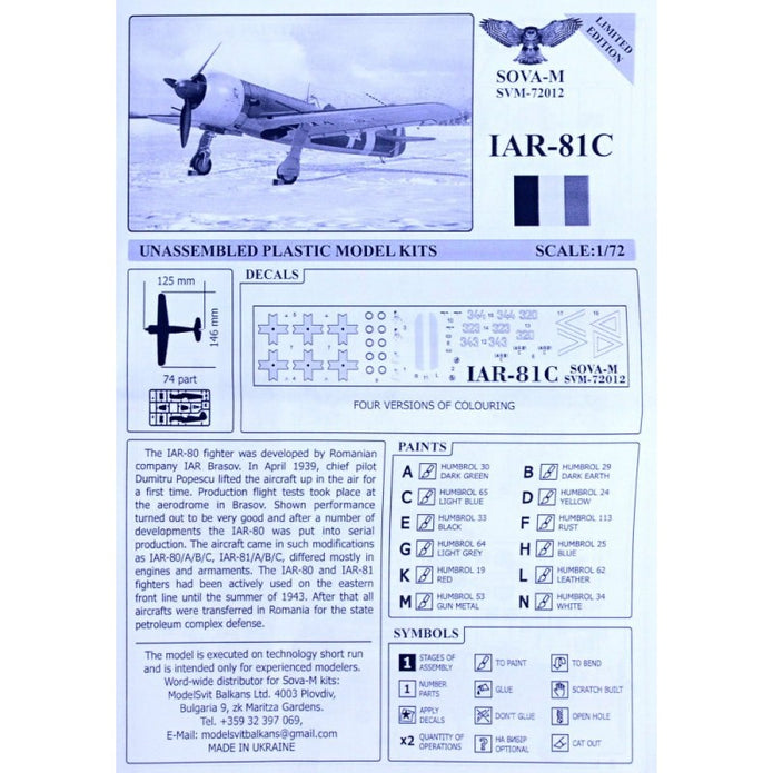 Romanian Fighter Aircraft IAR-81C, Aircraft Model Kit Scale 1:72 SOVA-M SVM 72012