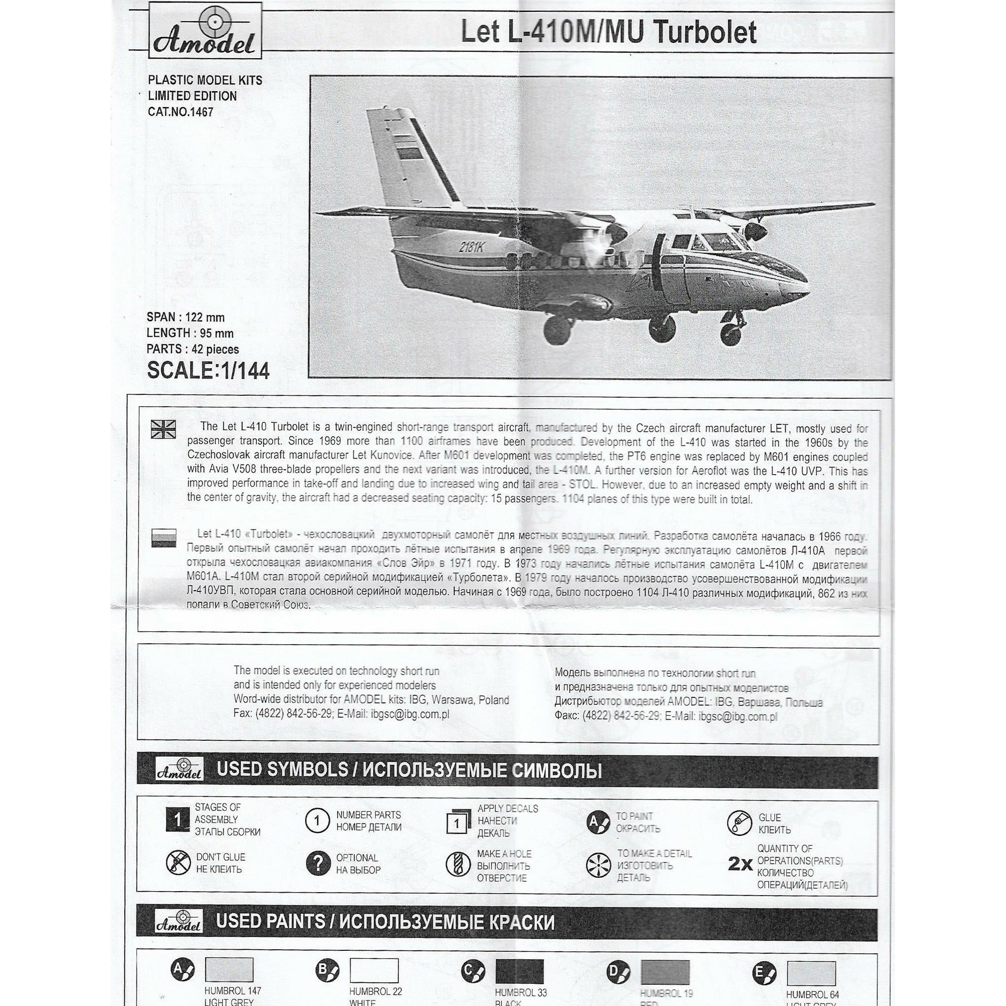 Let L-410M/MU Turbolet Scale 1:144 Amodel AMO1467 Plastic Airplane Model Kit