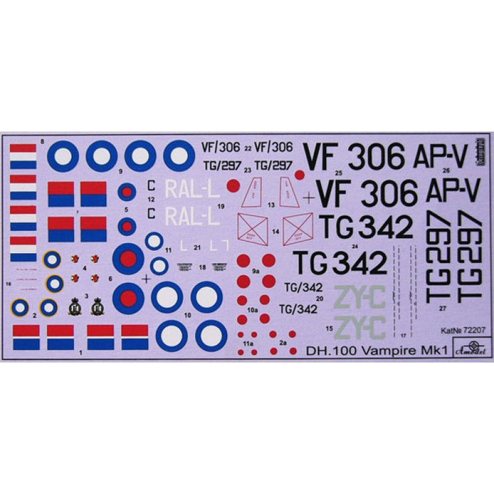 D.H.100 Vampire Mk1 RAF jet fighter Scale 1:72 Amodel AMO72207 Plastic Airplane Model Kit