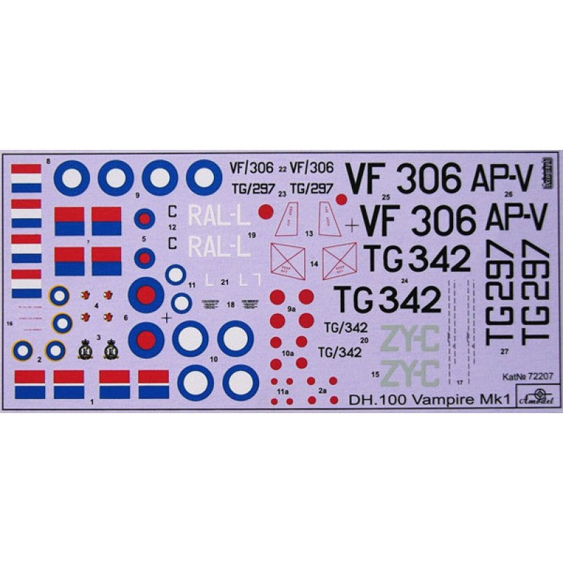 D.H.100 Vampire Mk1 RAF jet fighter Scale 1:72 Amodel AMO72207 Plastic Airplane Model Kit