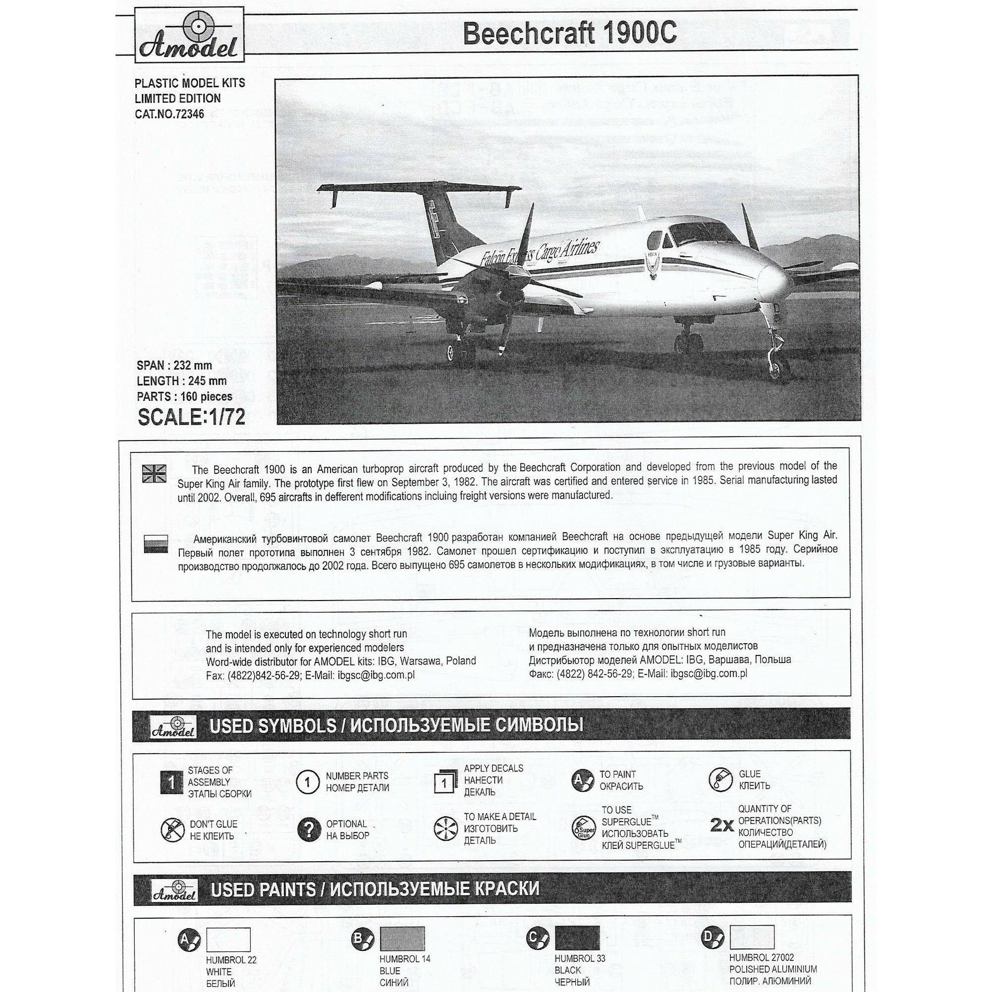 Beechcraft 1900C Scale 1:72 Amodel AMO72346 Plastic Airplane Model Kit
