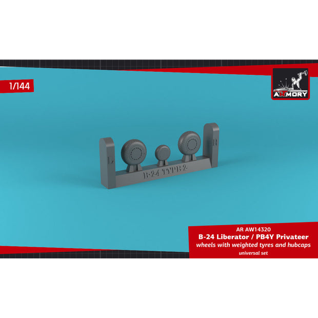 1/144 B-24 Liberator / PB4Y Privateer wheels w/ weighted tires, cross thread (FS) & hubcaps Scale 1:144 Armory Models AR AW14320