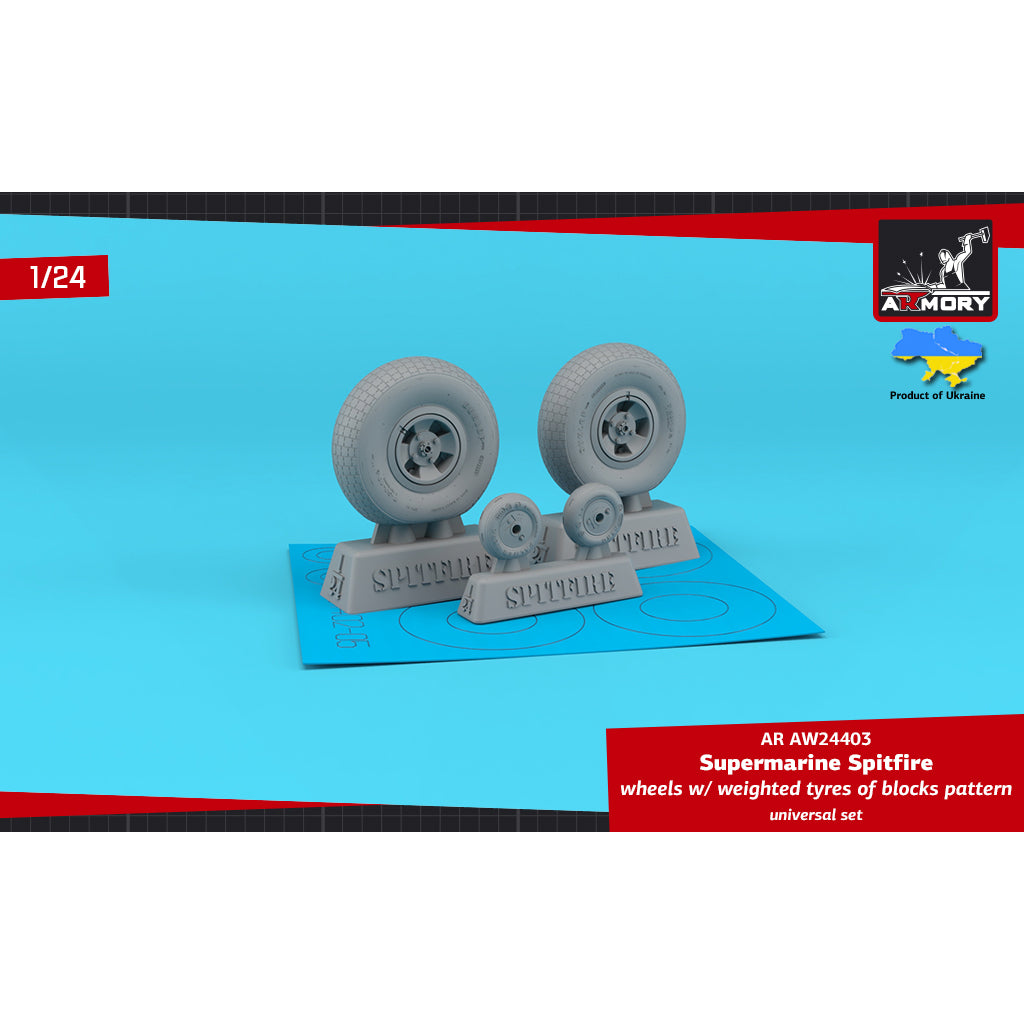 1/24 Supermarine Spitfire wheels w/ weighted tyres of blocks pattern & 4-spoke hubs Scale 1:24 Armory Models AR AW24403