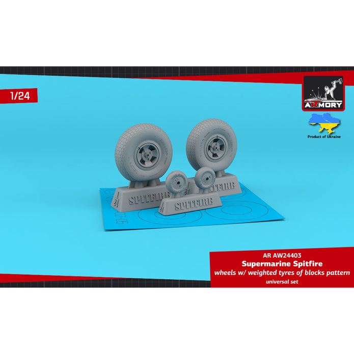 1/24 Supermarine Spitfire wheels w/ weighted tyres of blocks pattern & 4-spoke hubs Scale 1:24 Armory Models AR AW24403