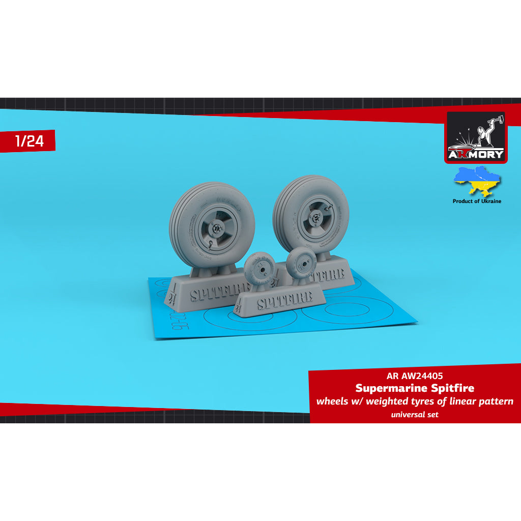 1/24 Supermarine Spitfire wheels w/ weighted tyres of linear pattern & 3-spoke hubs Scale 1:24 Armory Models AR AW24405