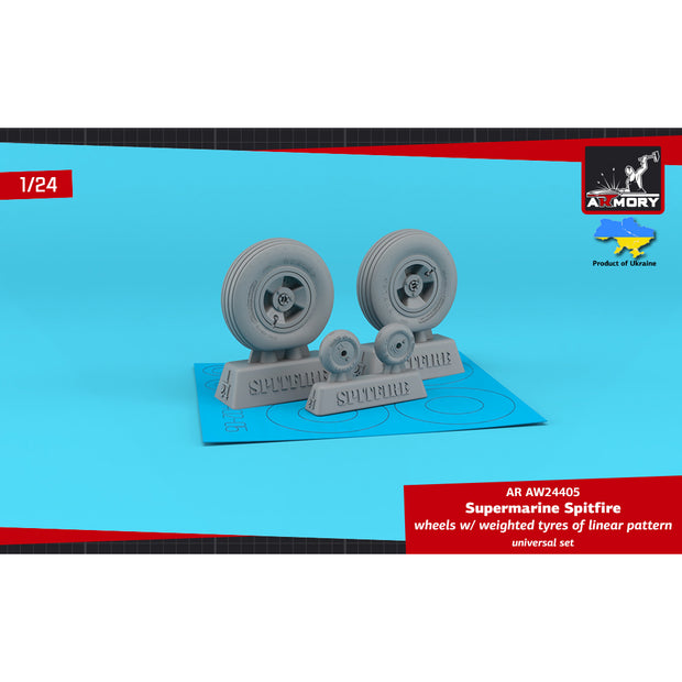 1/24 Supermarine Spitfire wheels w/ weighted tyres of linear pattern & 3-spoke hubs Scale 1:24 Armory Models AR AW24405