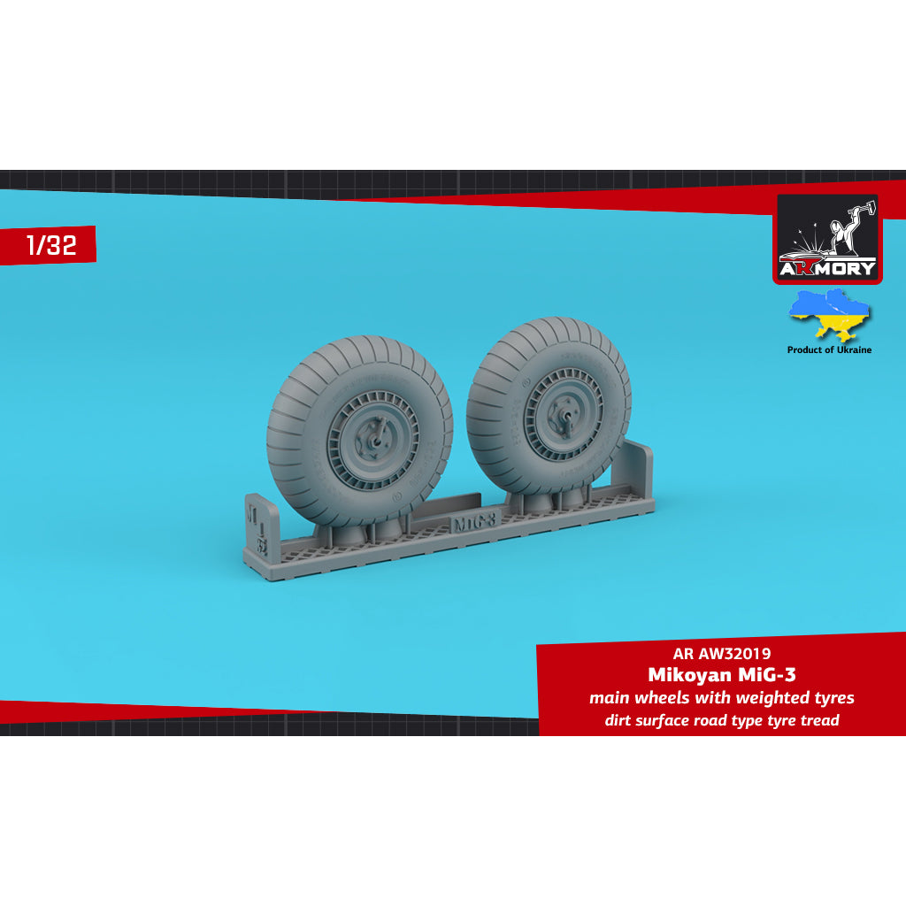1/32 MiG-3 main wheels w/ weighted tyres, dirt surface road type tyre tread Scale 1:32 Armory Models AR AW32019