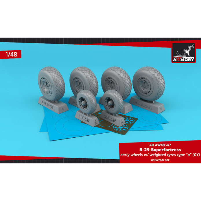 1/48 B-29 Superfortress early production wheels w/ weighted tyres type "a" (GY) & PE hubcaps Scale 1:48 Armory Models AR AW48347