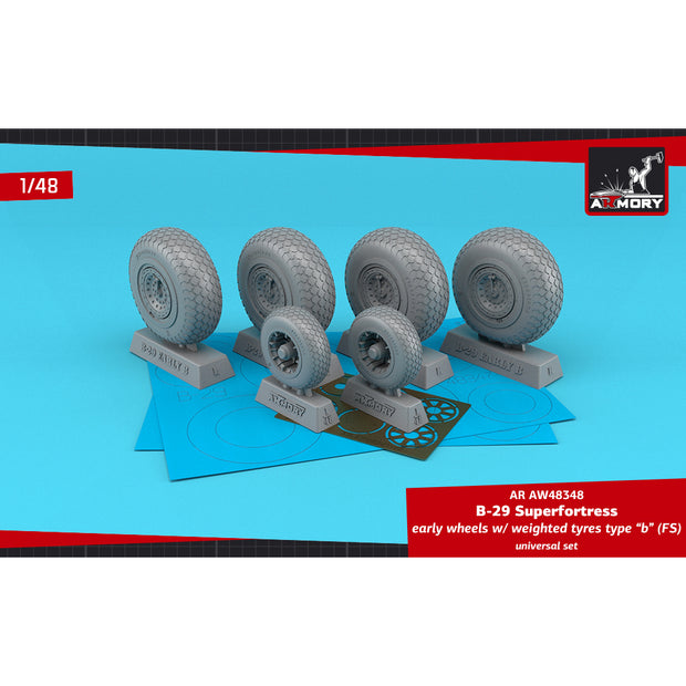 1/48 B-29 Superfortress early production wheels w/ weighted tyres type "b" (FS) & PE hubcaps Scale 1:48 Armory Models AR AW48348