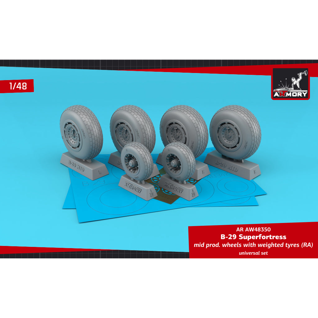 1/48 B-29 Superfortress mid production wheels w/ weighted tyres (RA) & PE hubcaps Scale 1:48 Armory Models AR AW48350