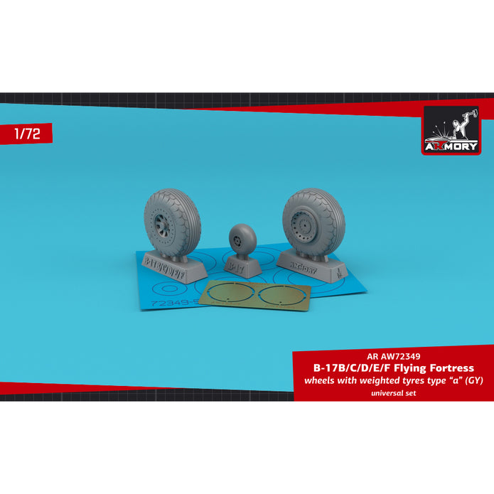 1/72 B-17B/C/D/E/F Flying Fortress wheels w/ weighted tyres type "a" (GY) & PE hubcaps Scale 1:72 Armory Models AR AW72349