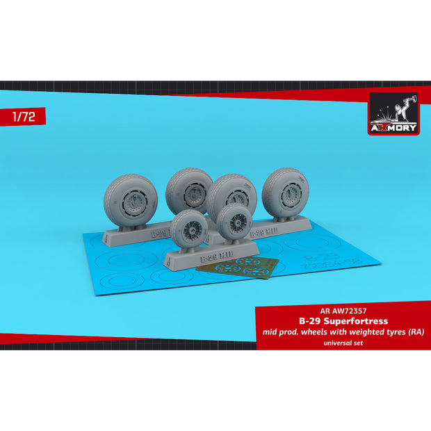 1/72 B-29 Superfortress mid production wheels w/ weighted tyres (RA) & PE hubcaps Scale 1:72 Armory Models AR AW72357
