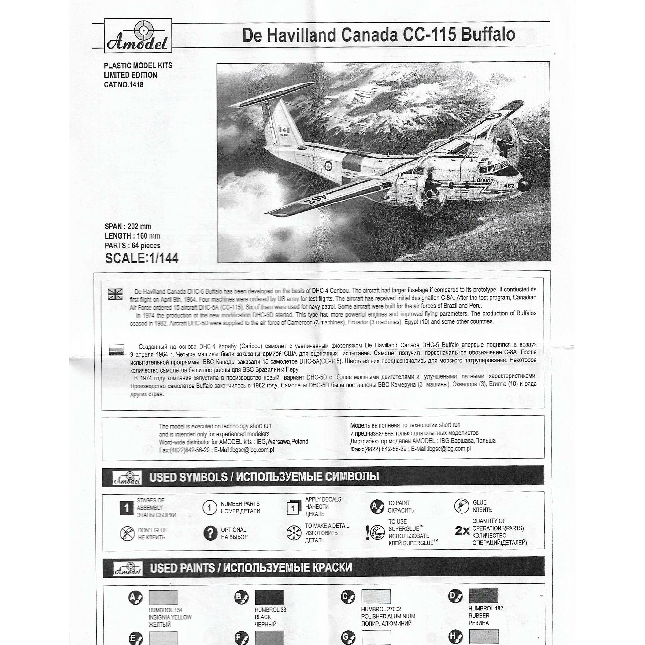 CC-115 'Buffalo' Canadian AF aircraft Scale 1:144 Amodel AMO1418 Scale Airplane Model Kit