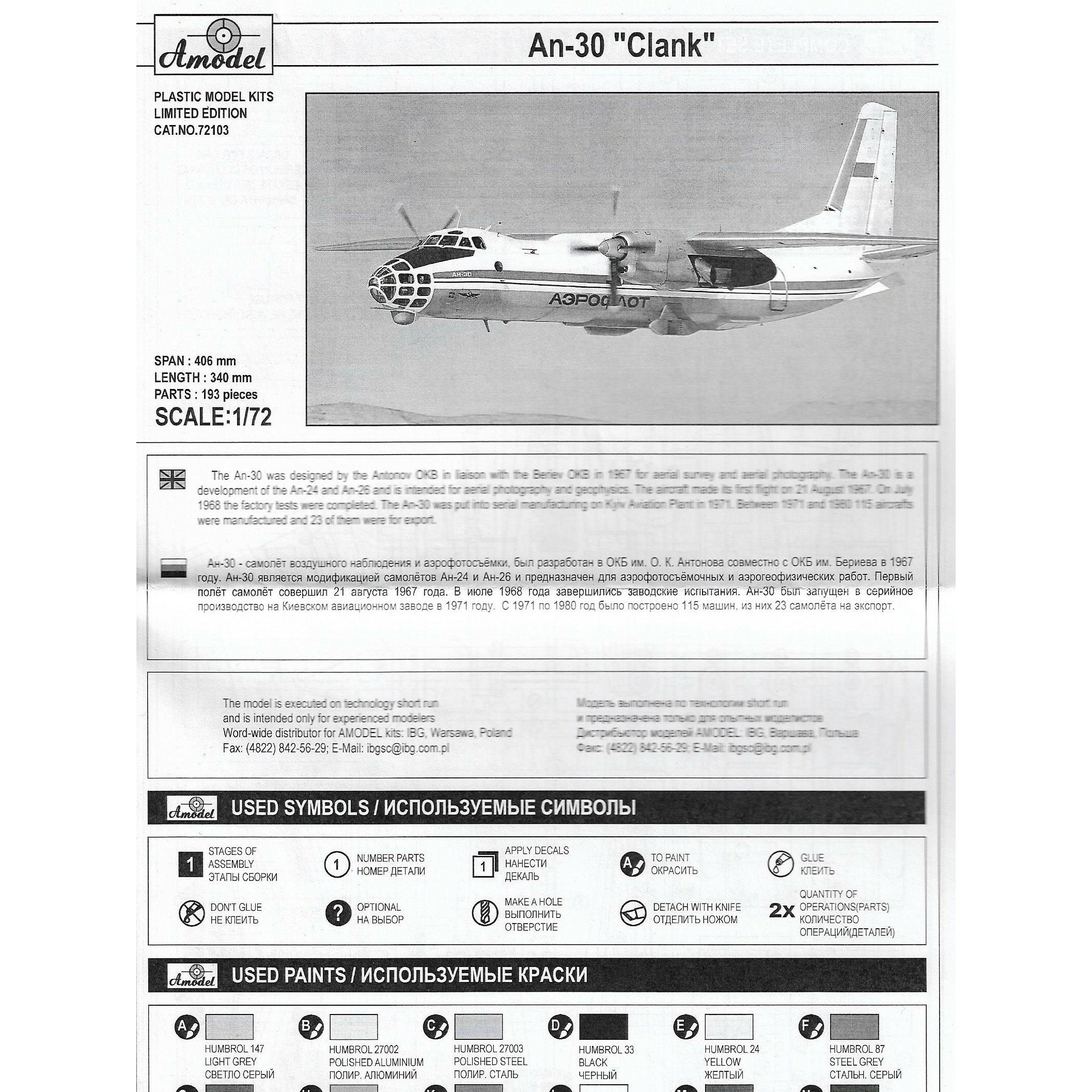 Antonov An-30 'Clank' Soviet aerial cartography aircraft Scale 1:72 Amodel AMO72103 Scale Airplane Model Kit