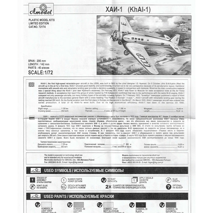 HAI-1 Soviet passenger aircraft Scale 1:72 Amodel AMO72174 Plastic Airplane Model Kit