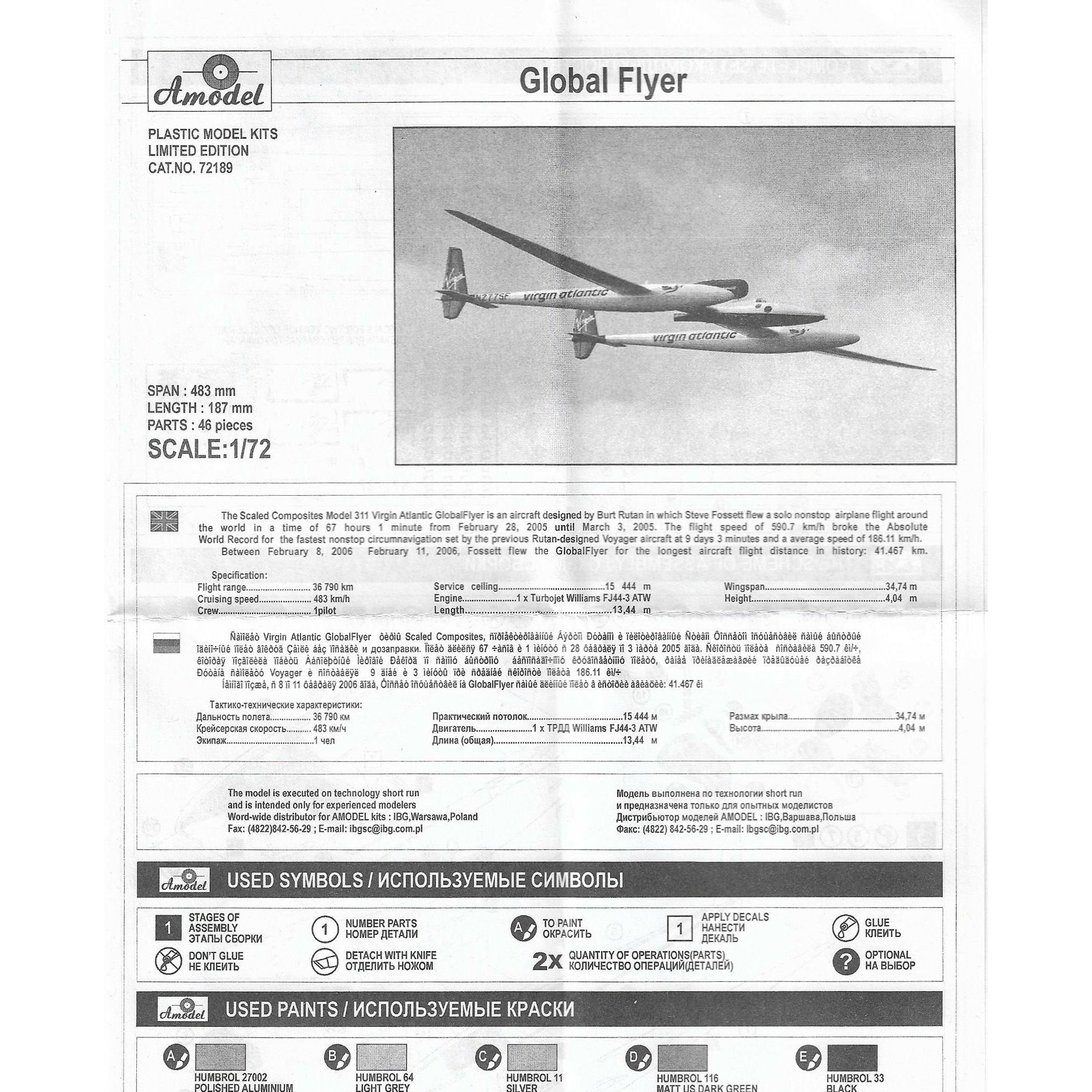 Virgin Atlantic Global Flyer Scale 1:72 Amodel AMO72189 Plastic Airplane Model Kit