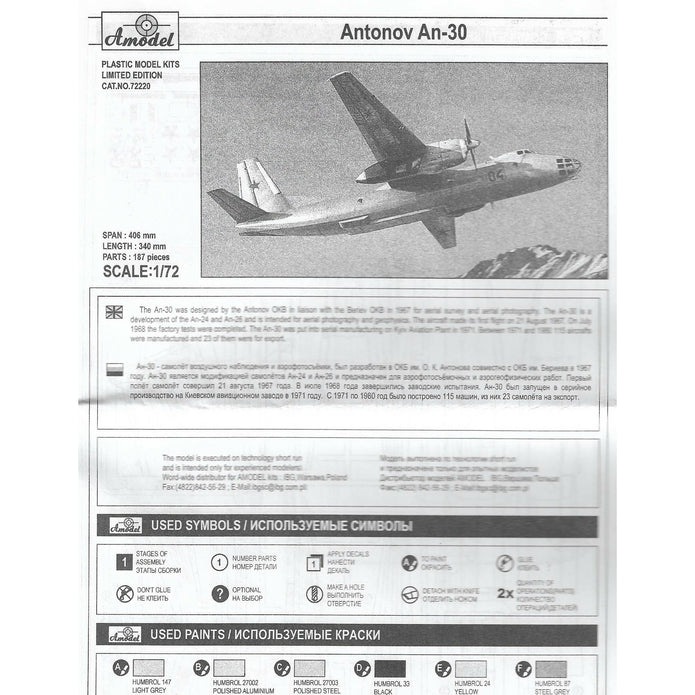 Antonov An-30 Scale 1:72 Amodel AMO72220 Plastic Airplane Model Kit