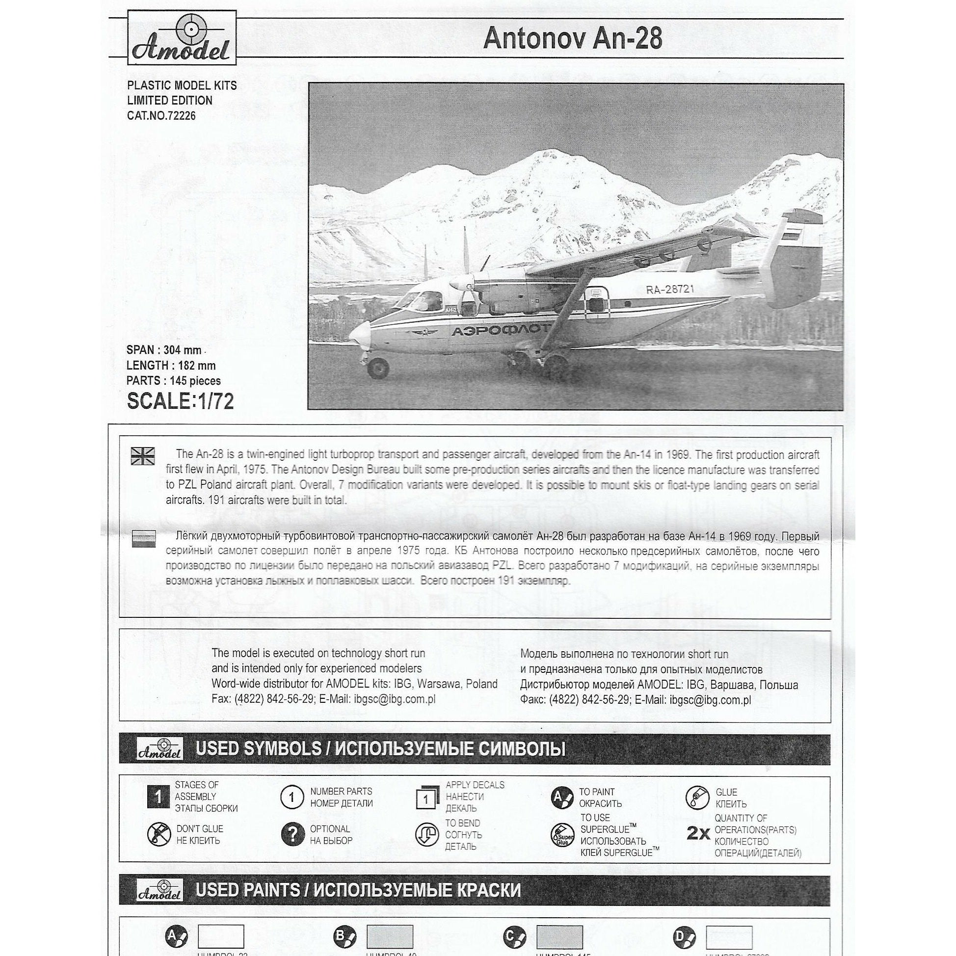 Antonov An-28 Polar Scale 1:72 Amodel AMO72226 Plastic Airplane Model Kit