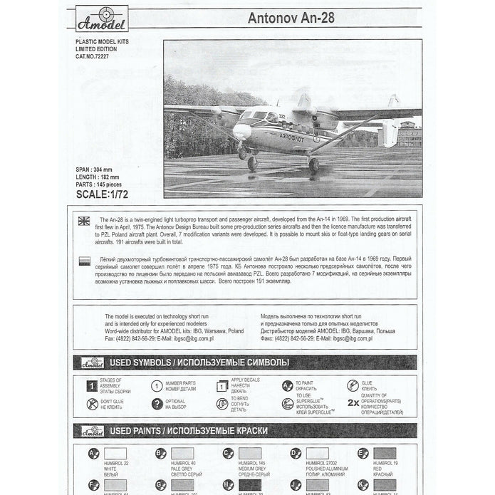 Antonov An-28 Aeroflot Scale 1:72 Amodel AMO72227 Plastic Airplane Model Kit