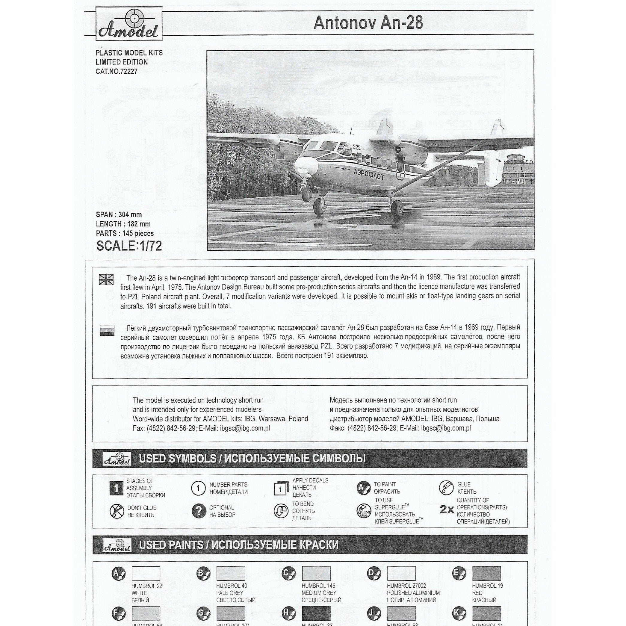 Antonov An-28 Aeroflot Scale 1:72 Amodel AMO72227 Plastic Airplane Model Kit