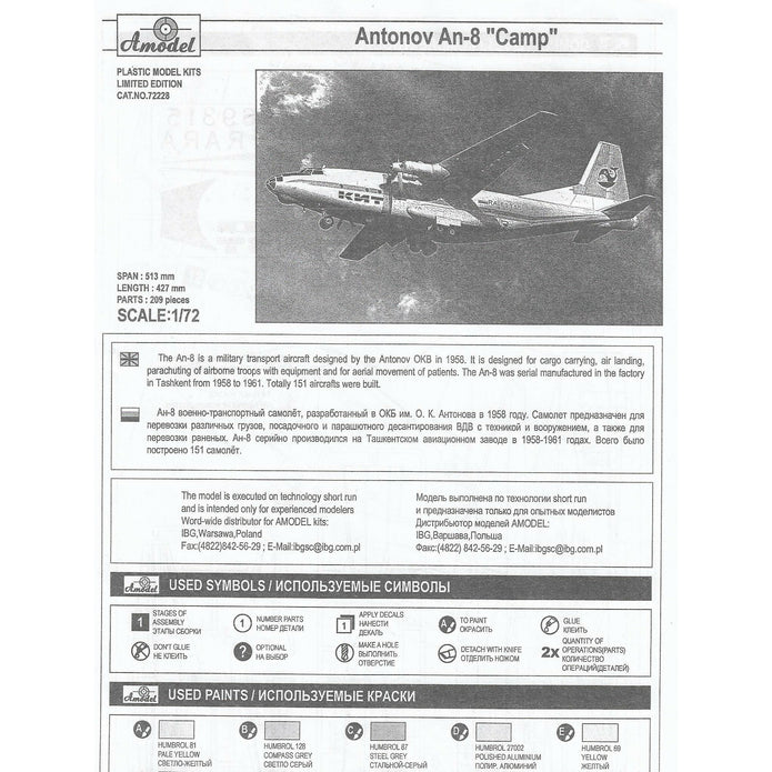 Plastic model Antonov An-8 civil aviation Scale 1:72 Amodel AMO72228 Plastic Airplane Model Kit