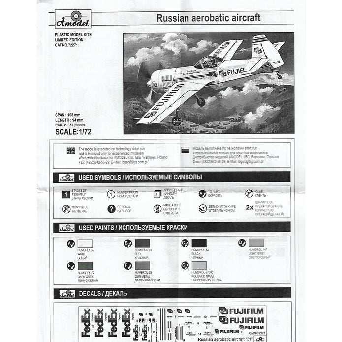 Sukhoi Su-31 Russian aerobatic aircraft Scale 1:72 Amodel AMO72271 Plastic Airplane Model Kit