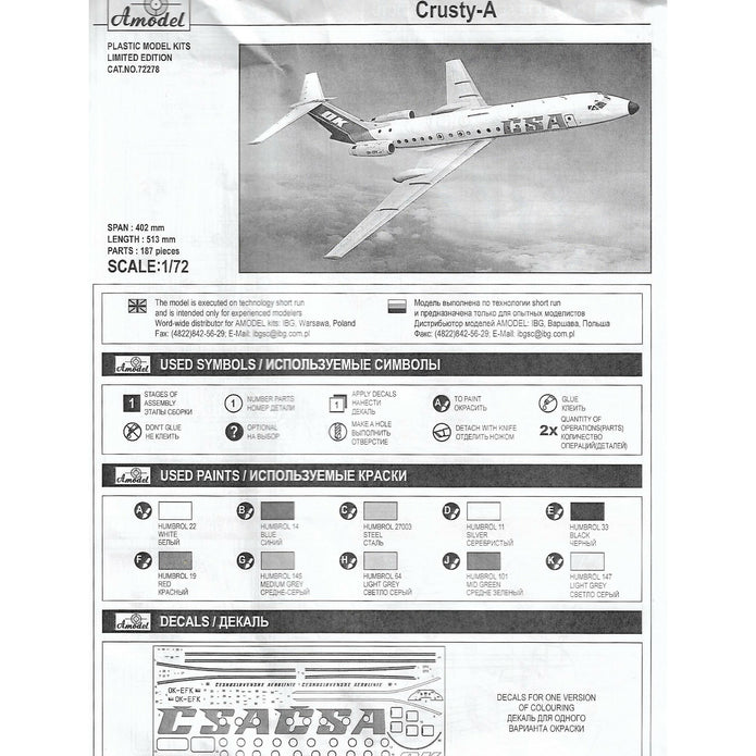Tupolev Tu-134A CSA Scale 1:72 Amodel AMO72278 Plastic Model Kit