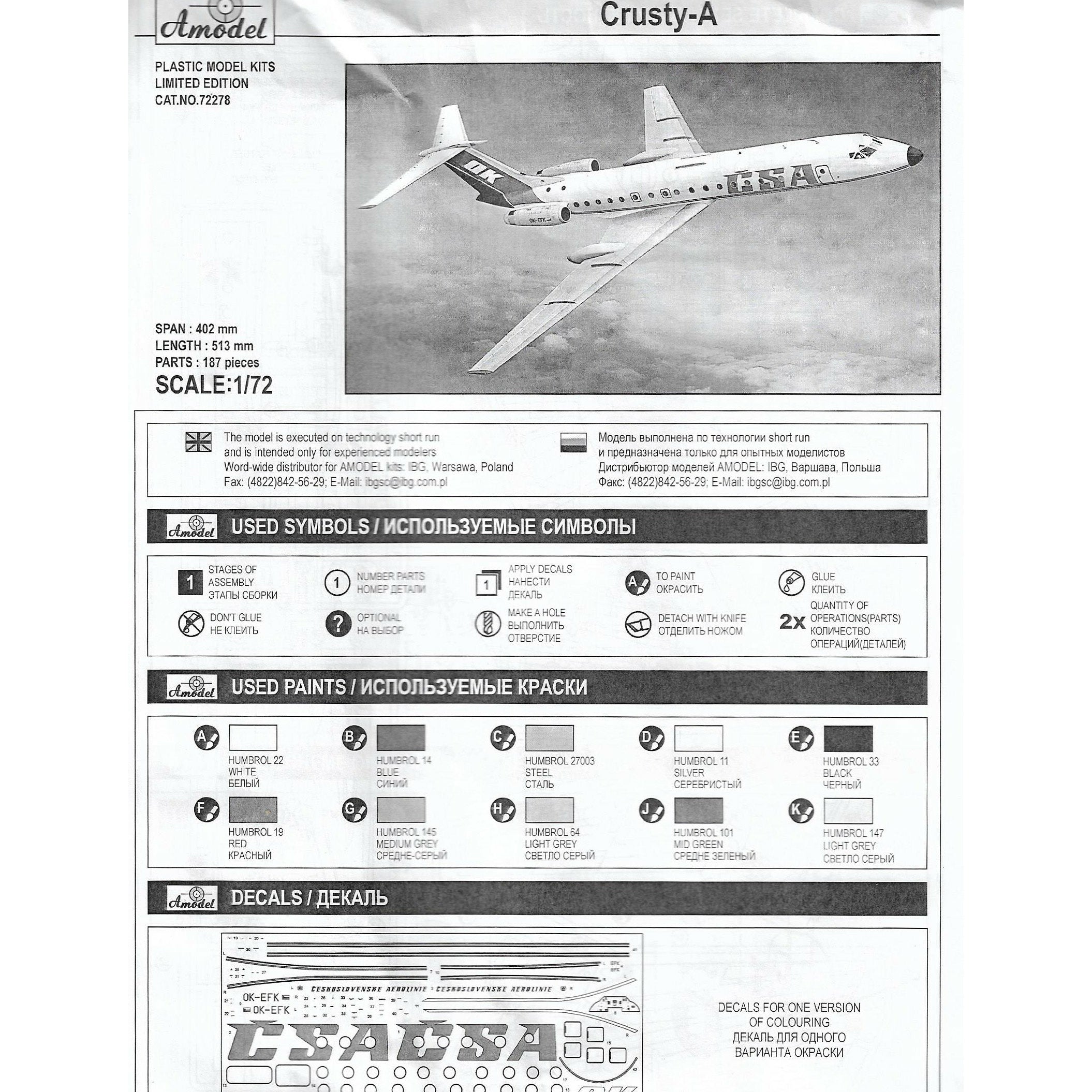 Tupolev Tu-134A CSA Scale 1:72 Amodel AMO72278 Plastic Model Kit
