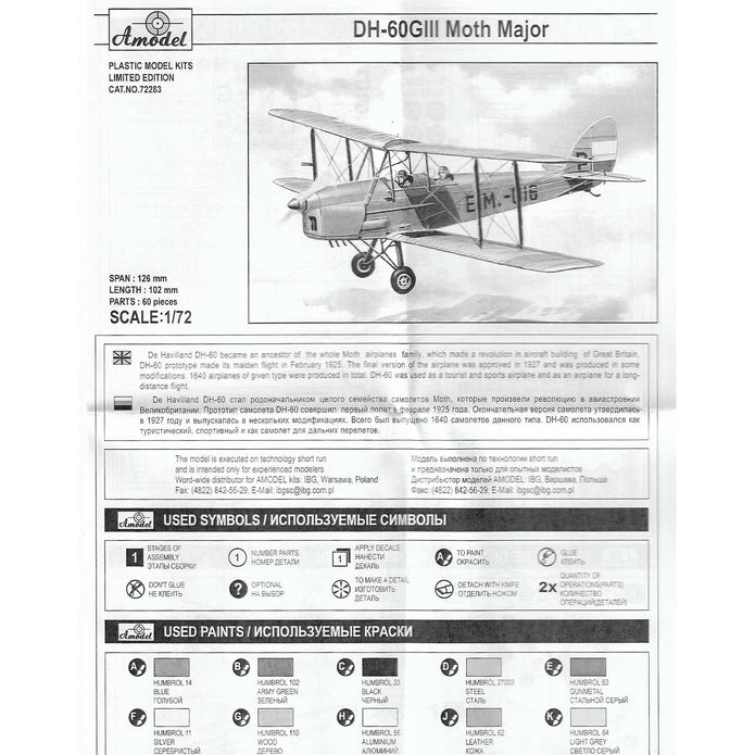 Biplane de Havilland DH.60GIII Moth Major Scale 1:72 Amodel AMO72283 Plastic Model Kit