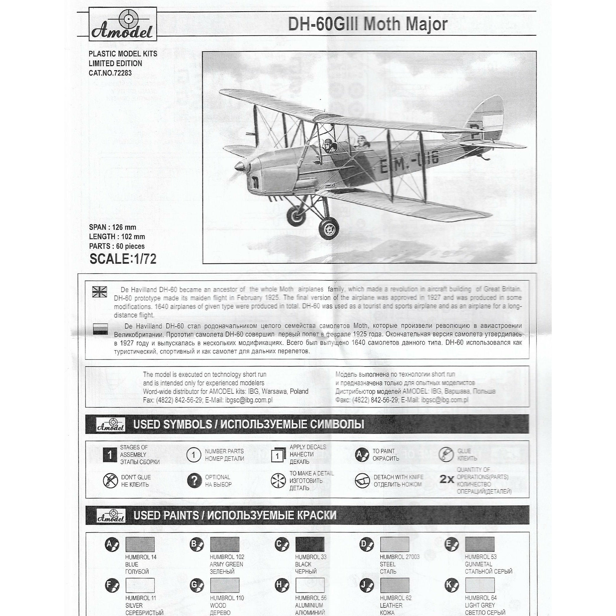 Biplane de Havilland DH.60GIII Moth Major Scale 1:72 Amodel AMO72283 Plastic Model Kit