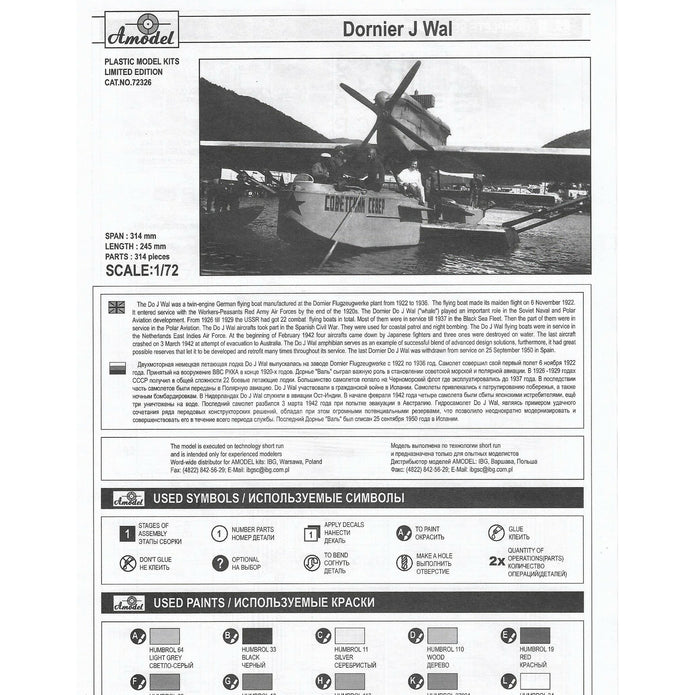 Dornier J Wal, Polar aviation Scale 1:72 Amodel AMO72326 Plastic Airplane Model Kit