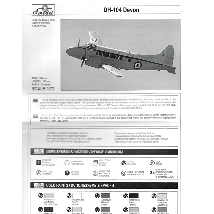 DH.104 "Devon" Scale 1:72 Amodel AMO72334 Plastic Airplane Model Kit